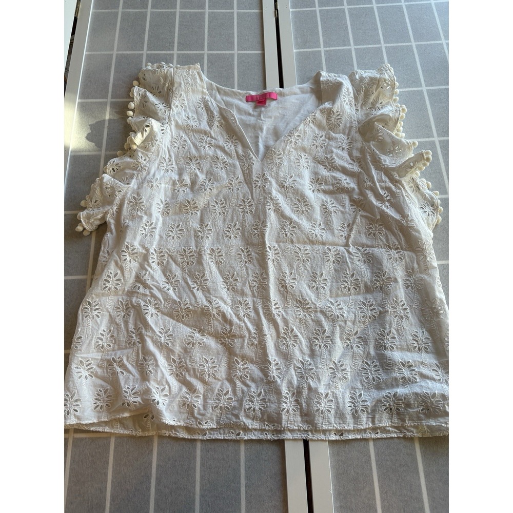 Lilly Pulitzer‎ Pompom Sleeve Top SizeXL Resort White Palm Tree Eyelet Blouse
